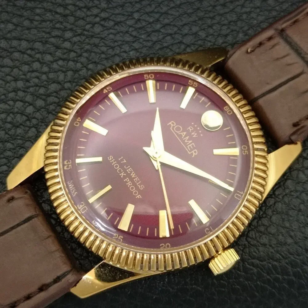 Vintage 1977 Roamer Manual Mens Gold Watch W/Leather Strap & Red accents